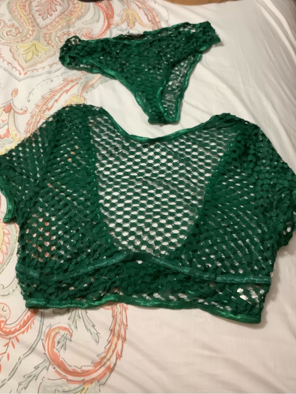 Green Fishnet Crop Top and Bikini Set